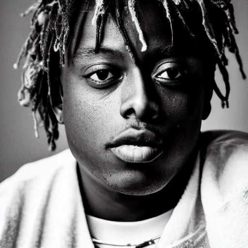 Image similar to the face of young juice wrld at 1 9 years old, black and white portrait by julia cameron, chiaroscuro lighting, shallow depth of field, 8 0 mm, f 1. 8