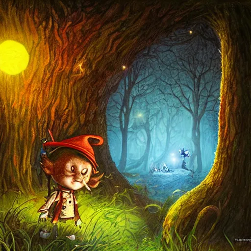 Image similar to Rincewind is panicking in the Forbidden Forrest, at night, full moon, blue tones, etailed, hyperrealistic, colorful, cinematic lighting, digital art by Paul Kidby