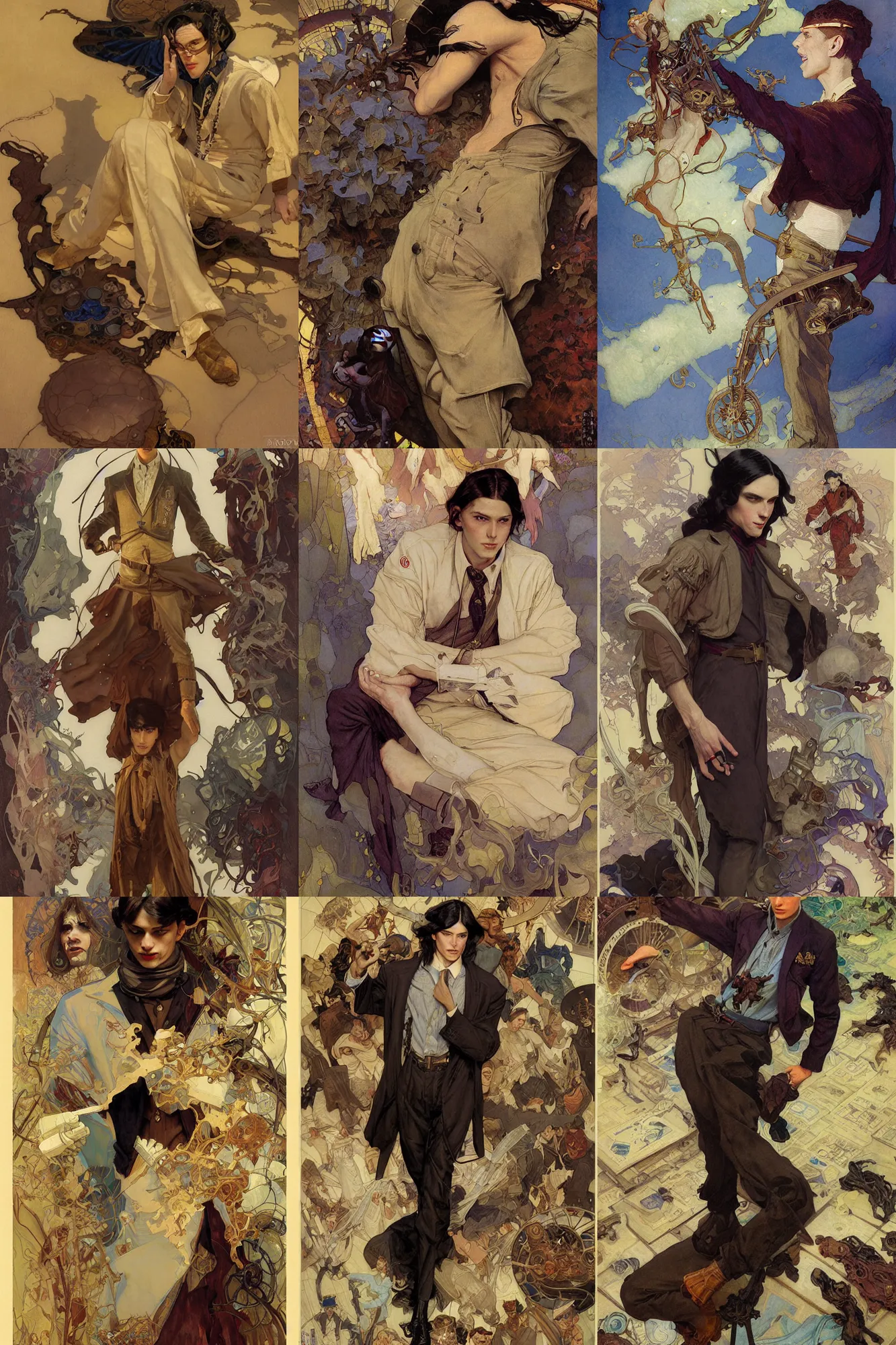 Prompt: thin young male alchemist, long dark hair, 1 9 2 0 s fashion, art by joseph leyendecker, donato giancola, dean cornwell, craig mullins, peter mohrbacher, ruan jia, marc simonetti, ayami kojima, cedric peyravernay, alphonse mucha, victo ngai