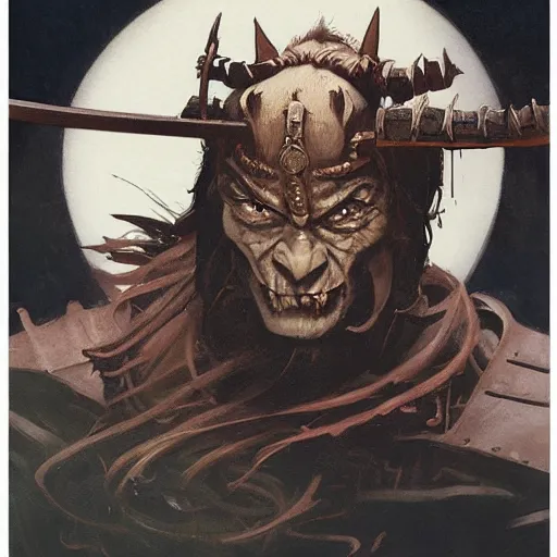 Image similar to quarter length portrait of a samurai hobgoblin, d & d, fantasy, greg rutkowski, frank frazetta, alexandre chaudret, boris vallejo, michael whelan, miro petrov, hr giger, magali villeneuve, donato giancola