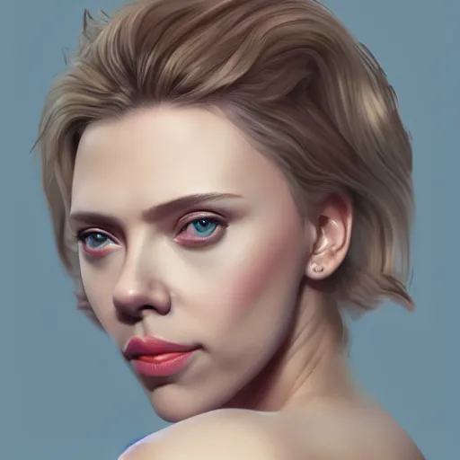 Prompt: Scarlett Johansson and Elizabeth Olsen crossbreed, illustrated and rendered by Xie Boli, trending on artstation, 4k, 8k, photorealistic imagery, photorealistic details, intricate, highly detailed