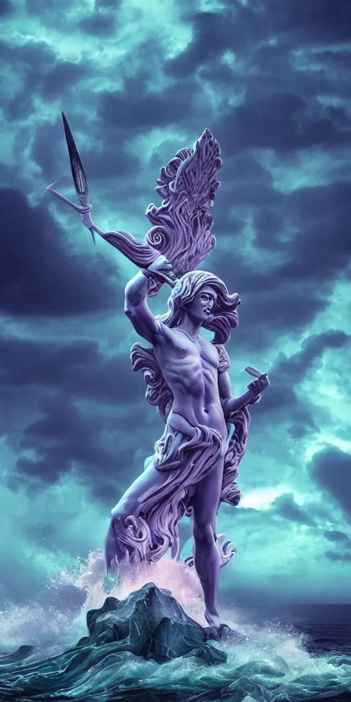 Prompt: gigantic marble statue of an alien of the sea wielding a trident on an island. roiling waves at the base. scene lit by lightning. thunderclouds in the background. fantasy setting. magicians praying to the statue. purples and greens. fantasy aesthetic. extremely detailed. 4 k. digital art.