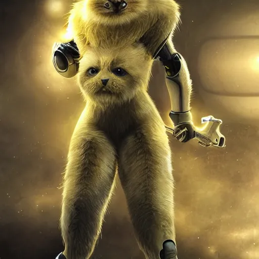 Image similar to humanoid with large cat-like features in futuristic space armor with force fields, yellow eyes, teeth that protrude past the lower lip and fine grayish fur on their faces and backs of their hands and carrying weapons, octane,