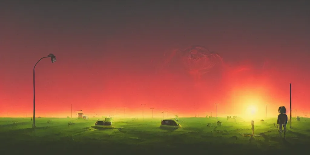 Image similar to Portrait using the Rule of Thirds, focusing on an alien frog invasion, the sun is exploding, Portrait, Very Cloudy Sky, Sun, Neon Lights, Rule of Thirds, perspective, Retrofuturism, Studio Ghibli, Simon Stålenhag