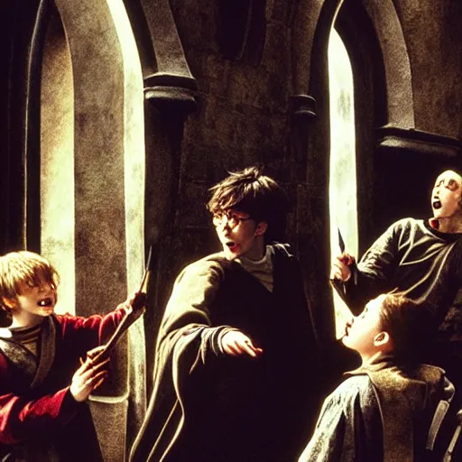 Prompt: a film still of harry potter, artwork by caravaggio