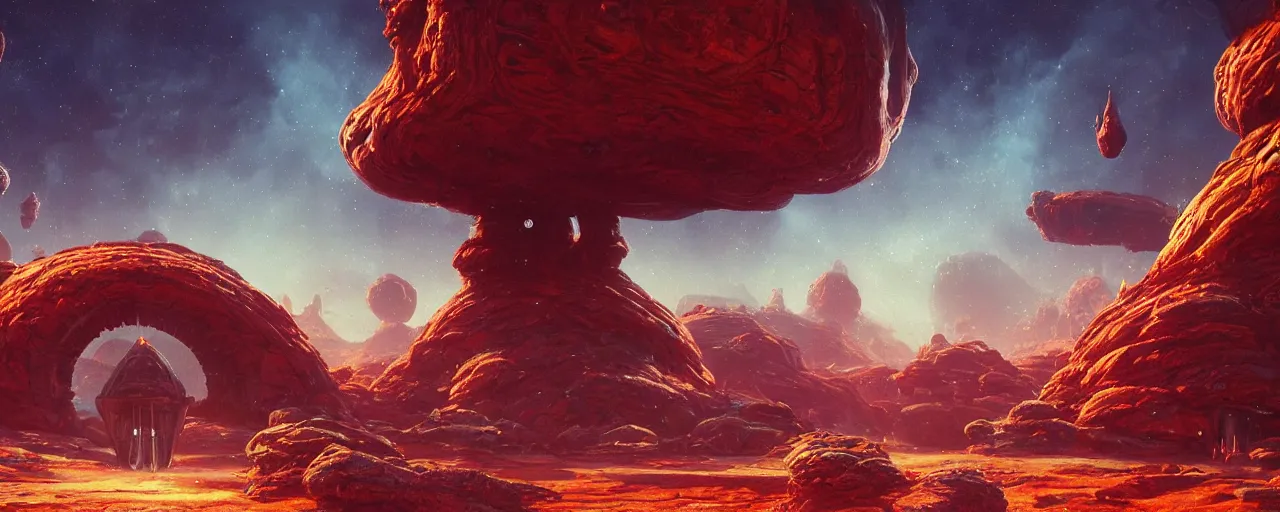 Image similar to ” mysterious and whimsical alien landscape, [ inviting, cinematic, detailed, epic, widescreen, opening, establishing, mattepainting, photorealistic, realistic textures, octane render, art by slop and paul lehr ] ”