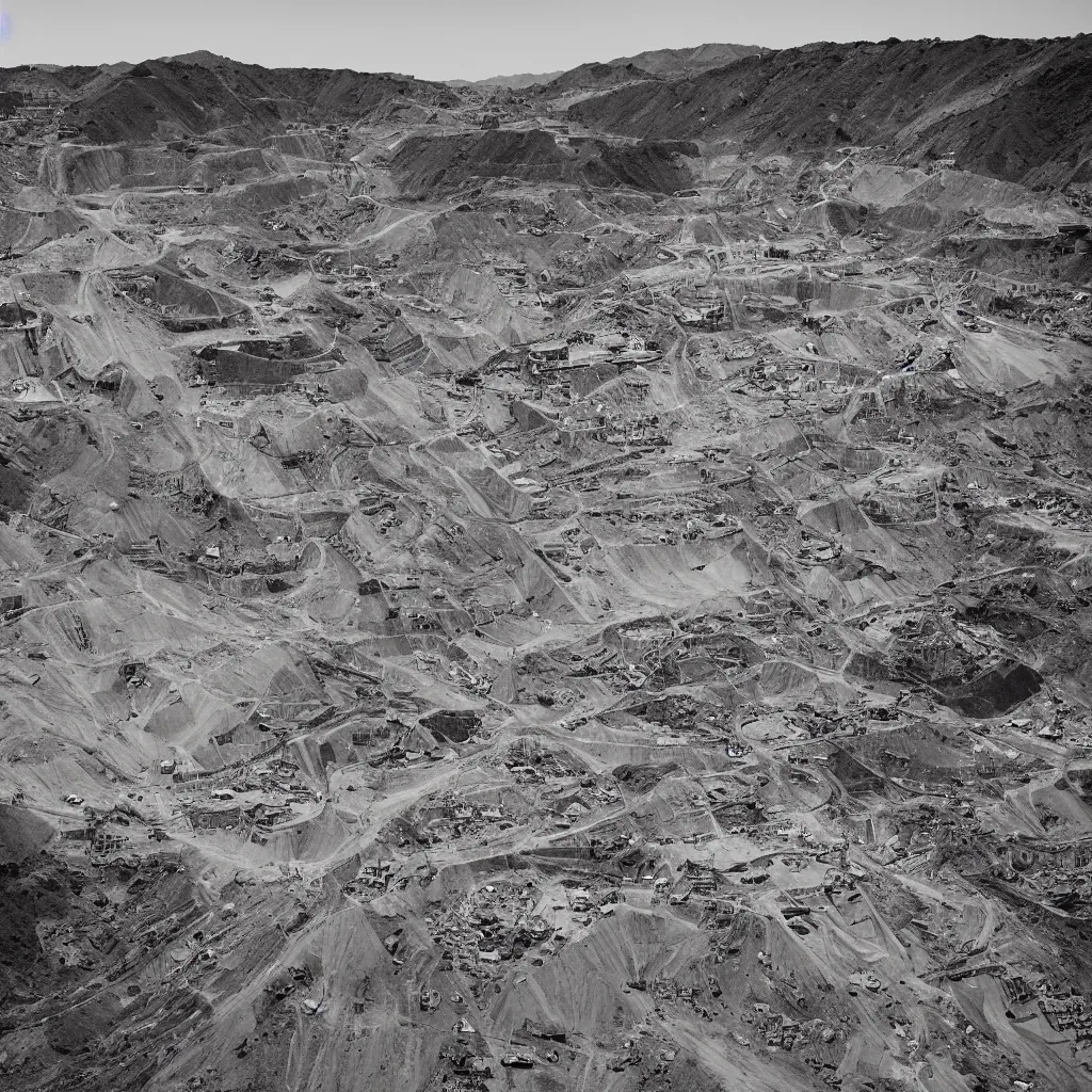 Prompt: mining tailings burying the city of chuquicamata by piranesi, composition, cinematic, rule, grid