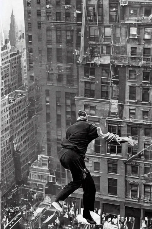 Image similar to !dream a man jumping from a building in New York, explosion
