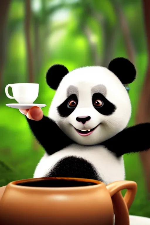 Prompt: a cute panda with big eyes looking at a cup of coffee in the forest. Pixar Disney 4K 3d render funny animation movie Oscar winning trending on ArtStation and Behance. Ratatouille style.