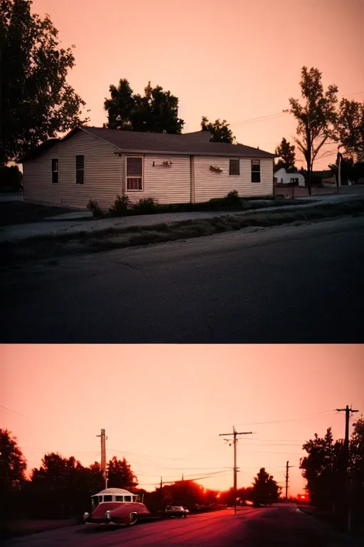 Image similar to a detailed photographic render of a 1 9 5 0 s american suburb at sunset by todd hido, photoreal, 4 k