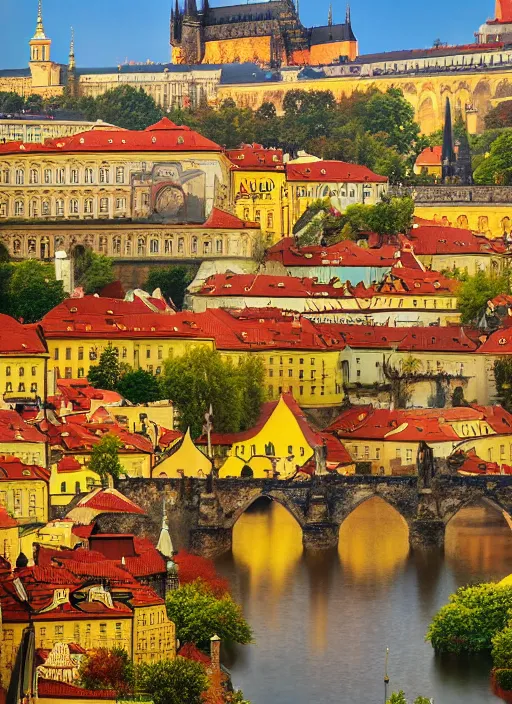 Image similar to painting of beautiful shot of Royal medieval European city like Prague mixed with Istanbul like Islamic architecture with greenery all around , autumn colors