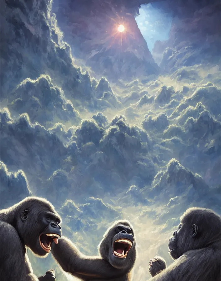 Image similar to a photo of harambe laughing at us from heaven, artstation, by nick silva and RHADS, intricate, elegant, highly detailed, digital painting, smooth, sharp focus