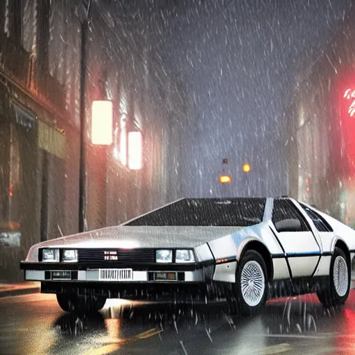 Image similar to hyperdetailed, photorealistic photograph of a dmc 1 2 delorean driving in the streets, rain, night, dense fog, hd, unreal engine 5