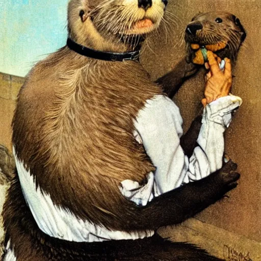 Image similar to a Norman Rockwell painting of a humanoid sea otter dentist
