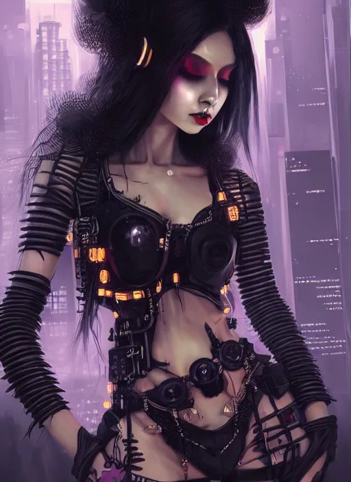 Image similar to soft seductive ebony geisha raver gutter punk gothic cyborg, golden ratio, details, scifi, fantasy, cyberpunk city, intricate, decadent, highly detailed, octane render, digital painting, artstation, concept art, sharp focus, illustration, art by artgerm, loish, wlop