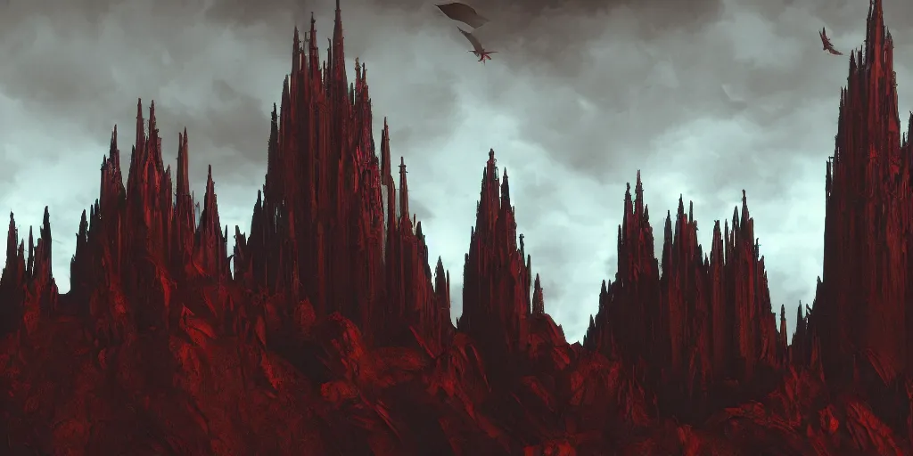 Image similar to dramatic render of a cathedral, gothic architecture, tall spires, top of a red rock canyon, vultures, 24mm angle, concept art by studio ghibli and eddie mendoza, atmospheric, moody, dark, cinematic, volumetric lighting, 8K