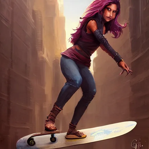 Image similar to A matte painting of Chandra on a skateboard, art by greg rutkowski, trending on artstation