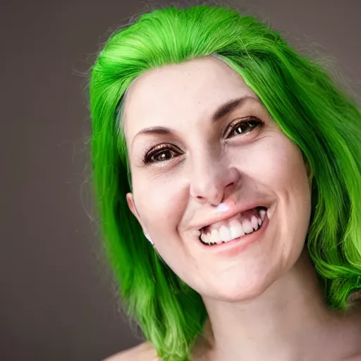 Prompt: a portrait image of a skinny 38 year old attractive woman with green hair and large yellow eyes, a wide smile and a genuinely happy and calm expression, looking directly at the camera