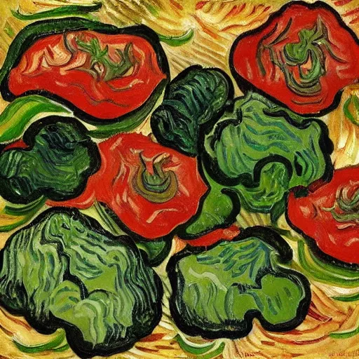 Image similar to detailed vegetable pizza painting by van gogh