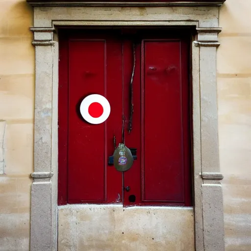 Prompt: A door inside a french college building with a sticker on it of the Red Bird Studios logo, the door is slightly opened with a pair of eyes peeking through the gap