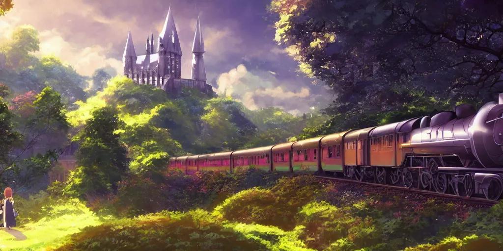 Image similar to A beautiful illustration of beautiful Hogwarts train, castle, leaves, trees, steam, magic, wide angle, by makoto shinkai, Wu daozi, very detailed, deviantart, 8k, wallpaper, tropical, colorful, airy, anime illustration, anime nature wallpap