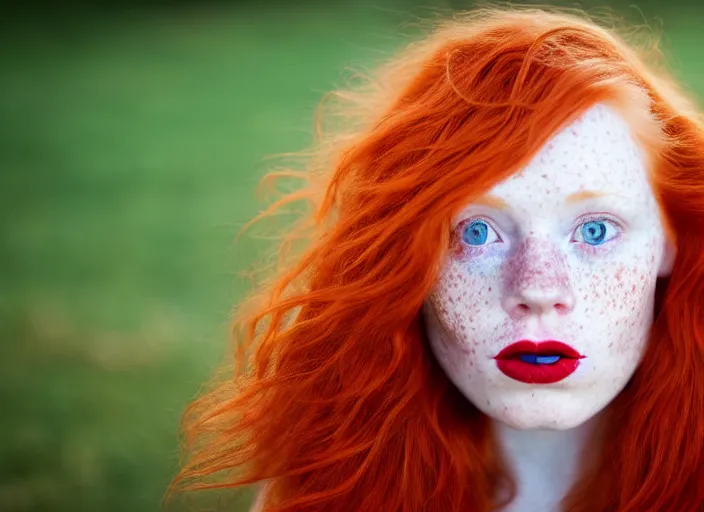 Image similar to photo of the left side of the head of an adorable ginger woman with blue iris and wavy long red hair, red detailed lips and freckles who looks directly at the camera. Slightly open mouth. Whole head visible and covers half of the frame, with a park visible in the background. 135mm nikon. Intricate. Very detailed 8k. Sharp. Cinematic post-processing. Unreal engine. Nanite. Ray tracing. Parallax. Tessellation