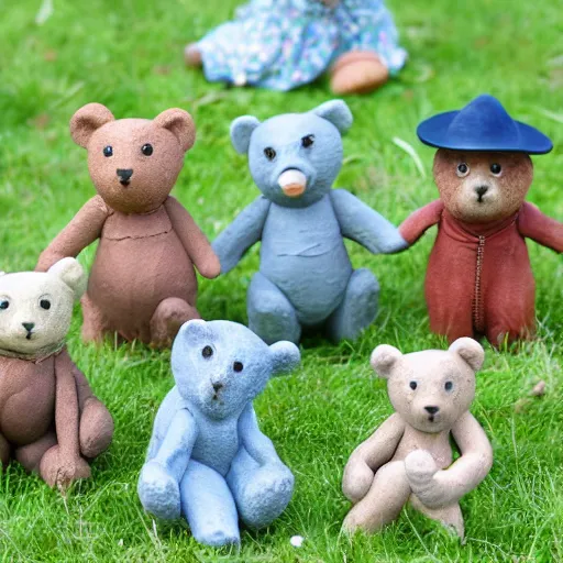 Prompt: teddy bears picnic in the style of carol lawson, as clay figures,