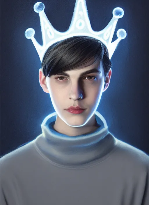 Image similar to portrait of teenage jughead jones wearing a light grey crown, crown, blue turtleneck, closed eyes, photorealistic, black hair, glowing lighting, intricate, elegant, glowing lights, highly detailed, digital painting, artstation, concept art, smooth, sharp focus, illustration, art by wlop, mars ravelo and greg rutkowski