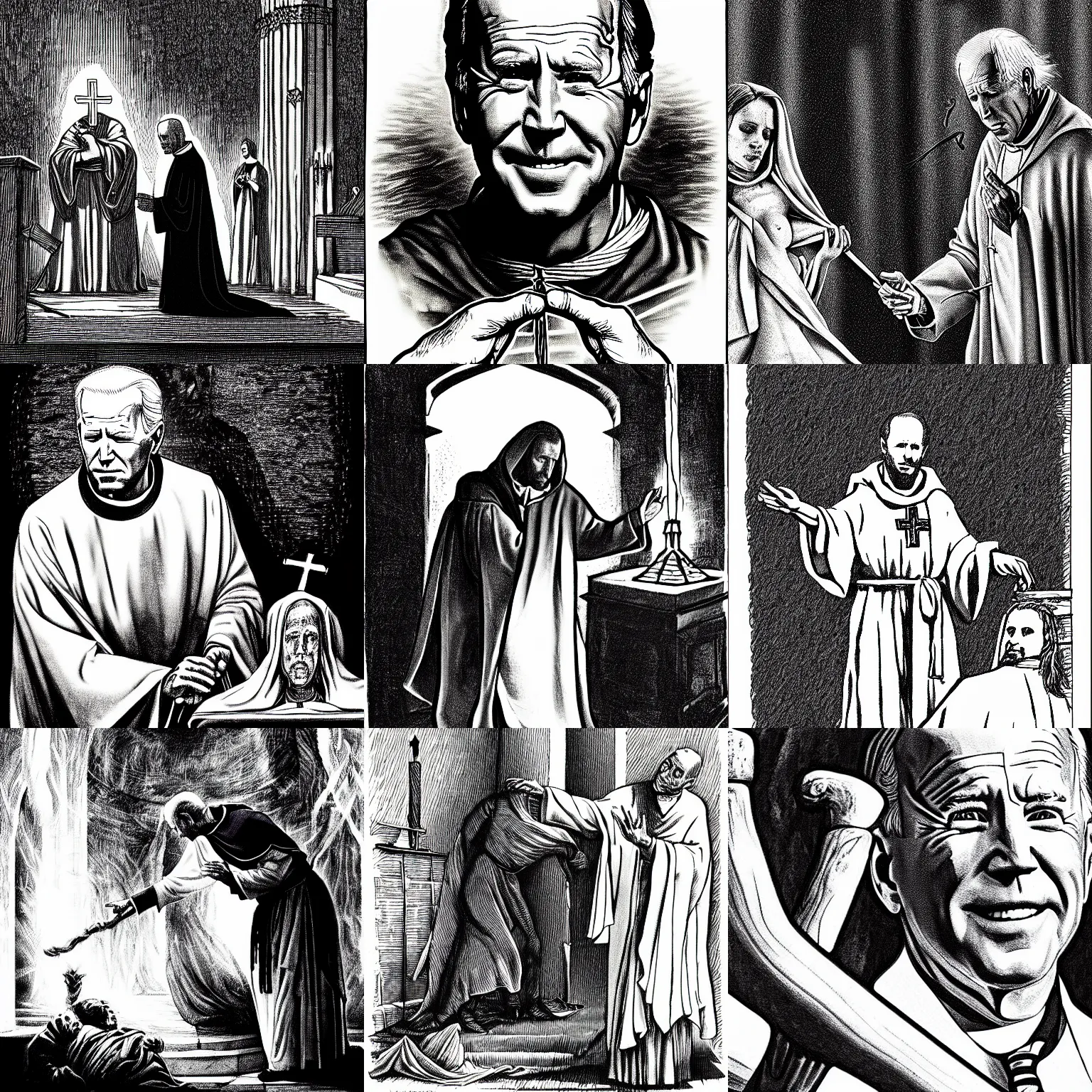 Prompt: pen and ink portrait of a joe biden as a catholic priest about to sacrifice a bound woman on an occult altar, horror, madness, impressive scene. grainy and rough. black and white colour scheme. beautiful artistic detailed digital art