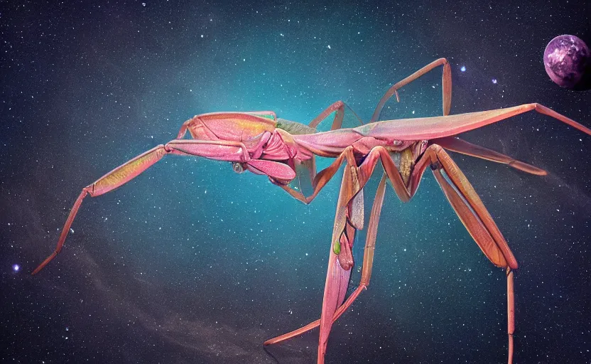 Image similar to inter dimensional sci - fi praying mantis far future, travelling across the stars, cosmos, galaxy, 8 k