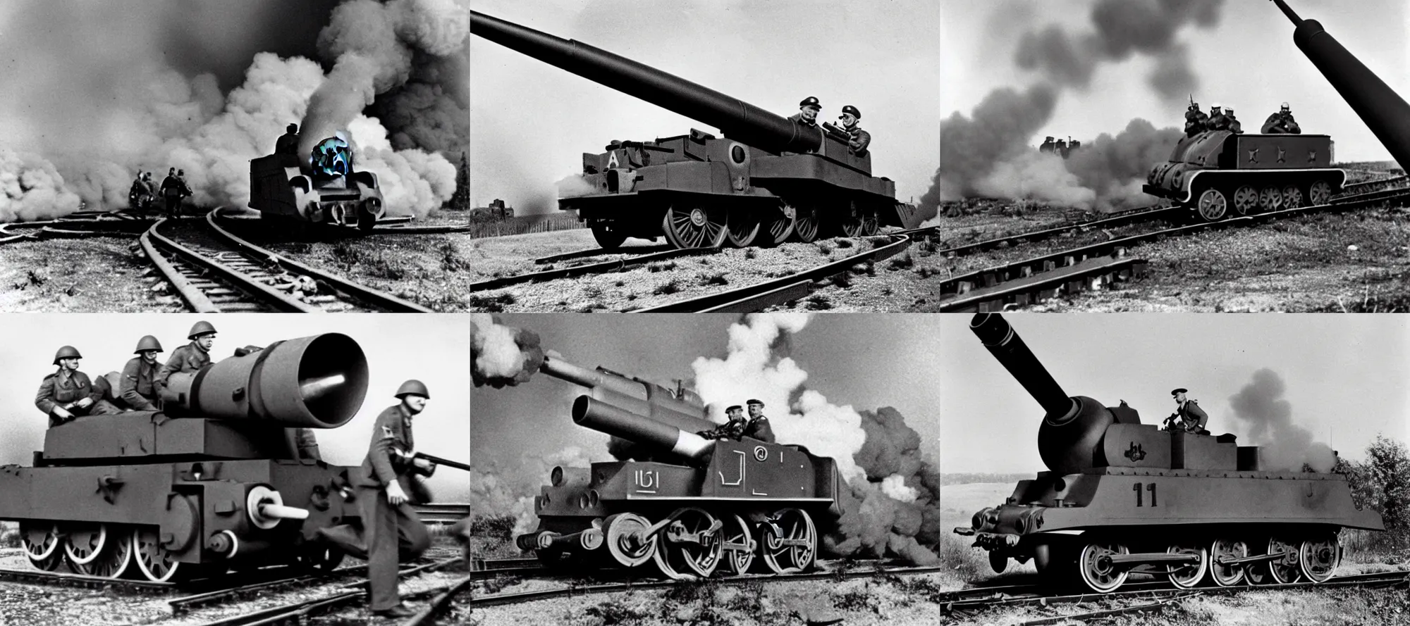 Prompt: WW2 era photograph, the face of Thomas the tank engine on a 800mm German super-heavy-mortar with a huge gun barrel shooting, there are german soldiers on the roof