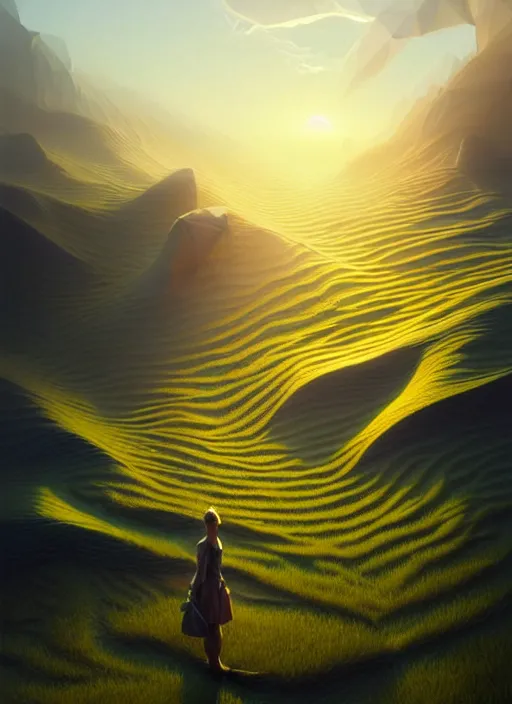 Image similar to spring mornings in the low - poly hills, diffuse lighting, intricate, surrealism!!!!!!!!, highly detailed, lifelike, photorealistic, digital painting, artstation, illustration, surreal concept art, smooth, sharp focus, by greg rutkowski, chris tulloch mccabe, valentina remenar and asher duran,