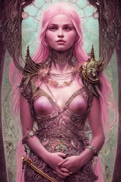 Image similar to Portrait of dark souls a goddess of love, pastel pink, dark fantasy, intricate, elegant, highly detailed, photographic, full-body portrait, artstation, concept art, smooth, sharp focus, illustration, art by artgerm and H R Giger and alphonse mucha