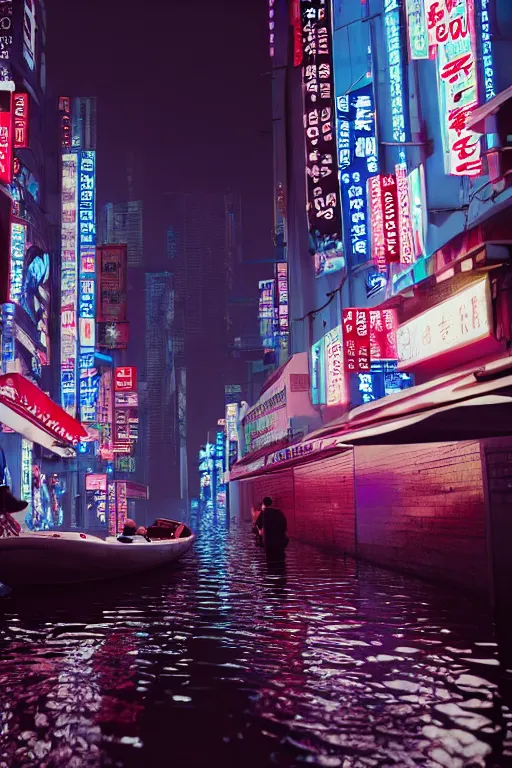 Prompt: cyberpunk flooded rainy south korea, seoul, man in small row boat, reflections, cinematic lighting, photorealistic, trending on artstation, storefronts made of neon lights, hyper realistic rendering photography, unreal 5 engine render, ultra wide angle, long shot, 8 k