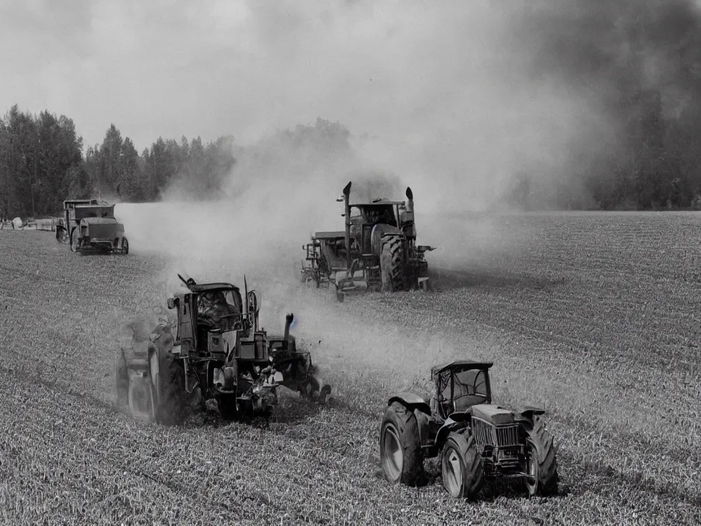 Prompt: grumpy finnish grandpa plowing oat field with old smoke spewing valmet - tractor, 1 9 6 6, home album pocket camera photo, detailed facial features, hyper realistic