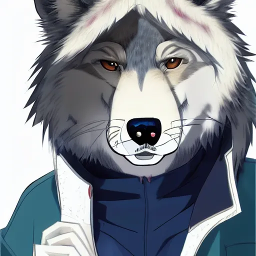 Image similar to key anime visual portrait of an anthropomorphic anthro wolf fursona, in a jacket, with handsome eyes, official modern anime art