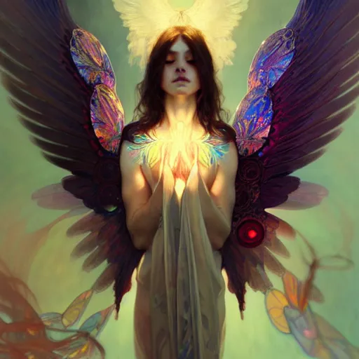 Image similar to iridescent seraphim covered with eyes and wings, photorealistic, fantasy, intricate, elegant, highly detailed, digital painting, artstation, concept art, smooth, sharp focus, illustration, art by Krenz Cushart and Artem Demura and alphonse mucha