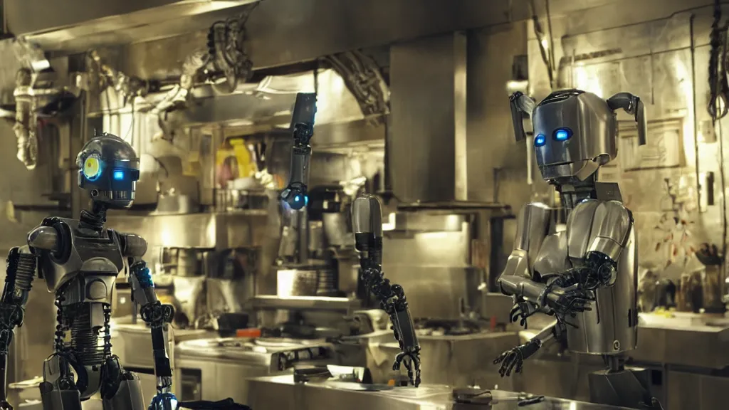 Prompt: film still from the movie chappie of the robot chappie shiny metal indoor cottage kitchen whimsy chef scene bokeh depth of field several figures furry anthro anthropomorphic stylized cat ears head android service droid robot machine fursona