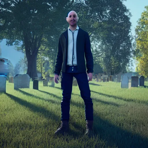 Prompt: my bald, gay friend mike, 3 d model, photorealistic, dynamic shadows, morning light, in a graveyard, smiling, unreal engine, octane render, artstation, 4 k