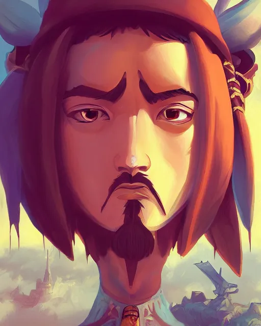 Image similar to digital painting of a conquistador by rossdraws and anato finnstark and studio ghibli, treasure island movie color scheme, symmetric, facial features, portrait, trending on artstation, masterpiece