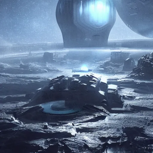 Prompt: Neptune Space base by James Gurney , 8k resolution beautiful dark ambient realism , matte painting Unreal Engine