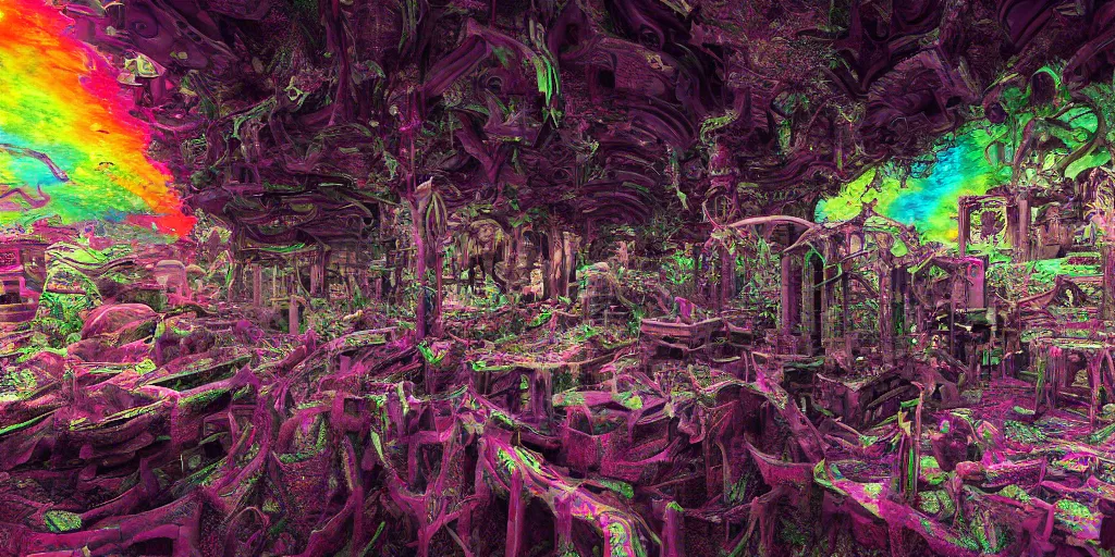 Image similar to ruination, infiltration ruination, deprivation outright annexation, landscape, intricate complexity, horror, rainbow drip paint, psychedelic glitch art, trending on art station, photoreal, 8 k, octane render