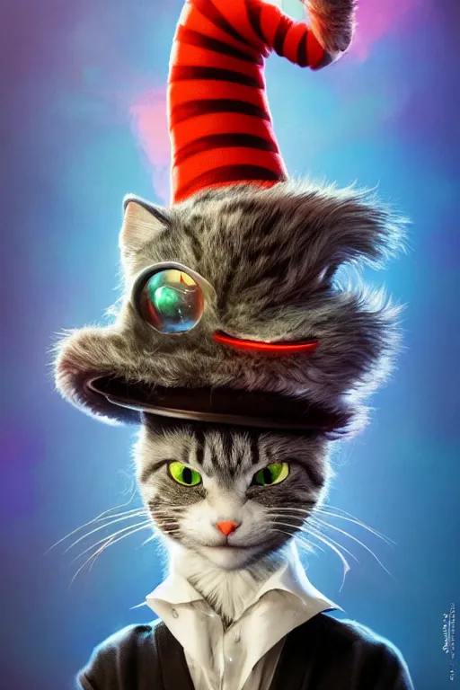 Image similar to complex 3 d render, hyper detailed, ultra sharp, cyborg cat in the hat, scary, comical, cinematic, natural soft light, rim light, octane render, artstation, art by artgerm and greg rutkowski and alberto seveso, dr seuss