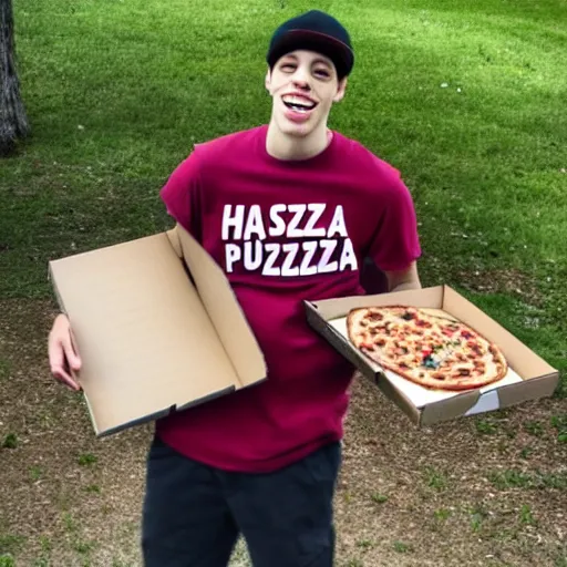 Image similar to pete davidson happily carrying a fresh pizza without a box, just the pizza, outside in a park