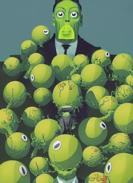 Image similar to tennis ball monsters, poster artwork by Michael Whelan and Tomer Hanuka, Karol Bak Major Buster Keaton , clean