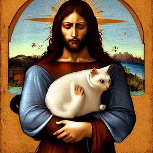 Image similar to jesus holding a cute cat, emotional, cute, powerful, digital art by leonardo da vinci