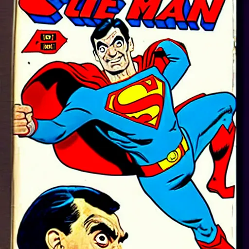 Image similar to mr bean as superman. dc comics coverart, comicbook, comic panel