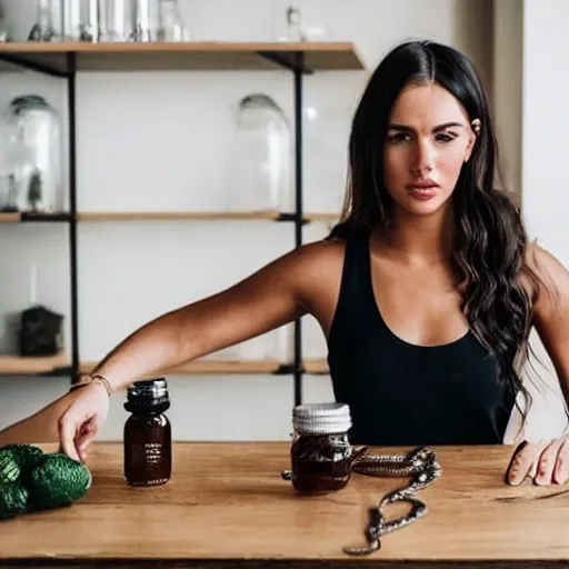 Image similar to extremely beautiful instagram influencer, young woman, desperate to sell her health coaching to an audience, visibly frustrated, snake oil in a jar on a table