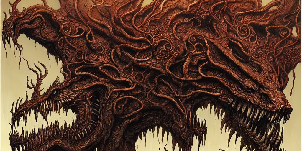 Prompt: nine chthonic spirit of dragon heads as hydra art by Daniel Dos Santos, Beksinski, Giger, intricate colourfully painted carved wood paneling, dark souls, ivory and copper , artstation