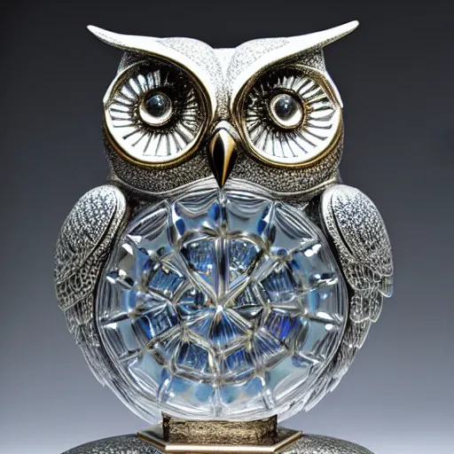 Prompt: symmetrical detailed sculpture of an owl, made of Opalescent Crystal